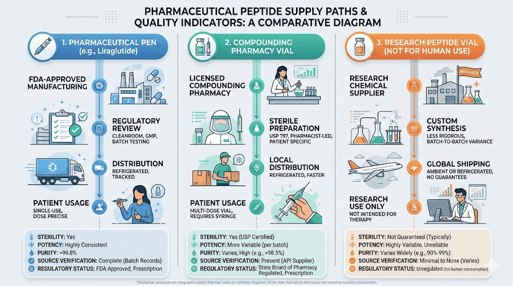 Semaglutide sources comparison pharmaceutical vs compounded vs research peptide