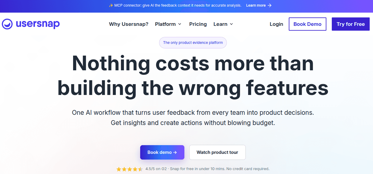 Usersnap homepage showing its AI-powered product feedback and evidence platform interface
