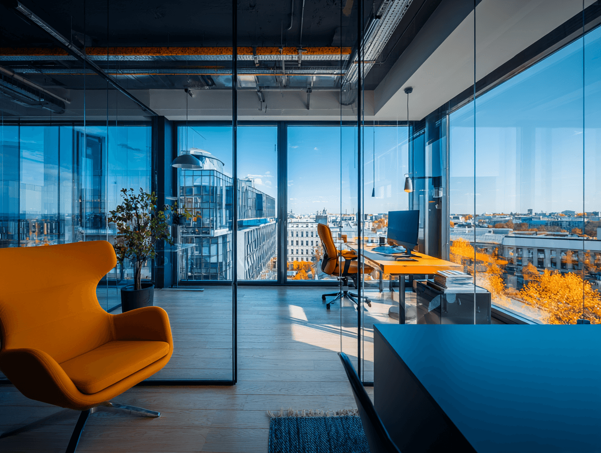 Glass-walled meeting room with modern furniture and city views.