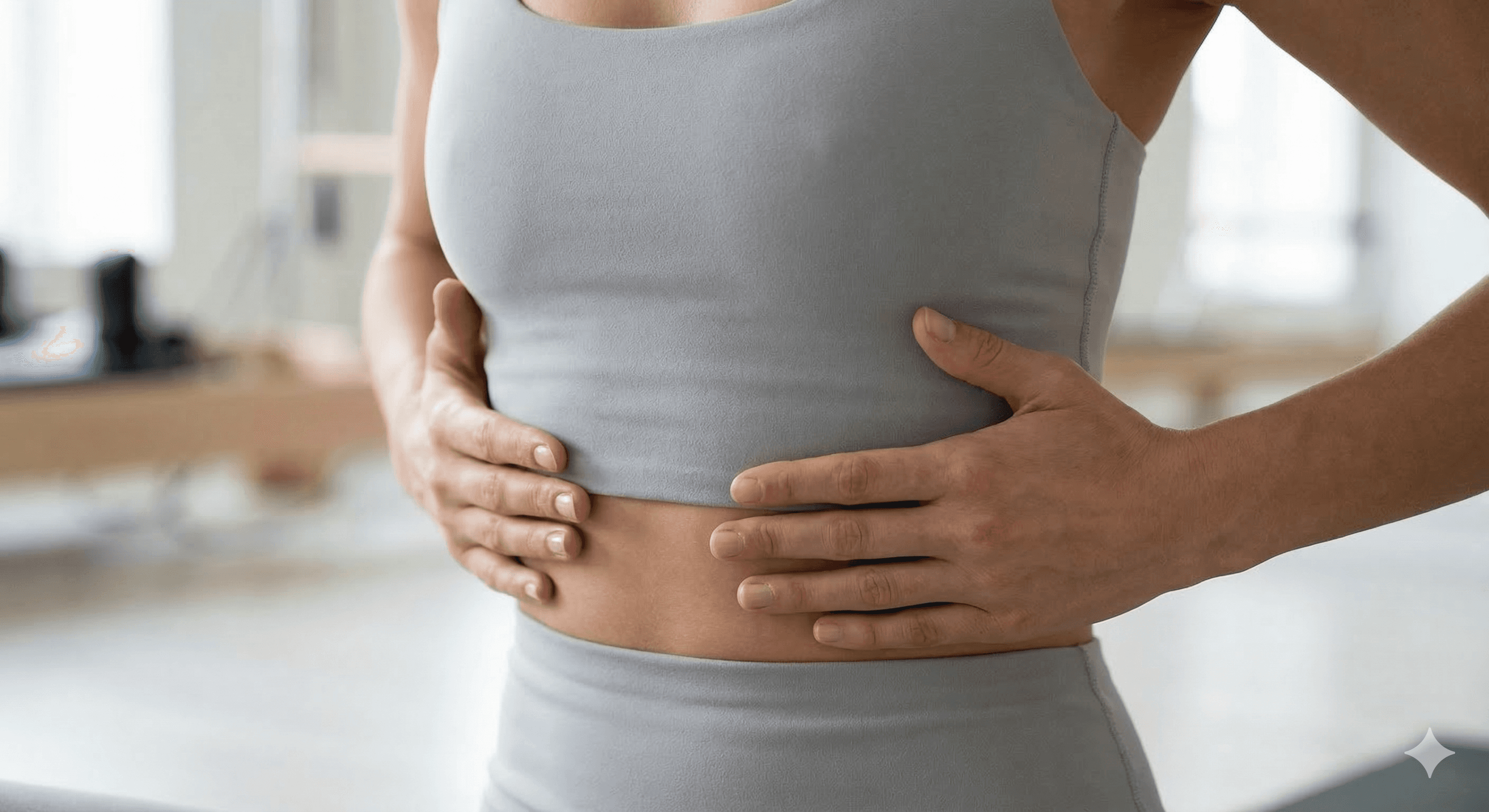 Dettaglio sull'addome e la cassa toracica durante un esercizio di respirazione controllata a Studio Pilates Pavia.