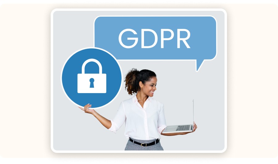 Woman holding laptop with GDPR sign and data privacy lock icon