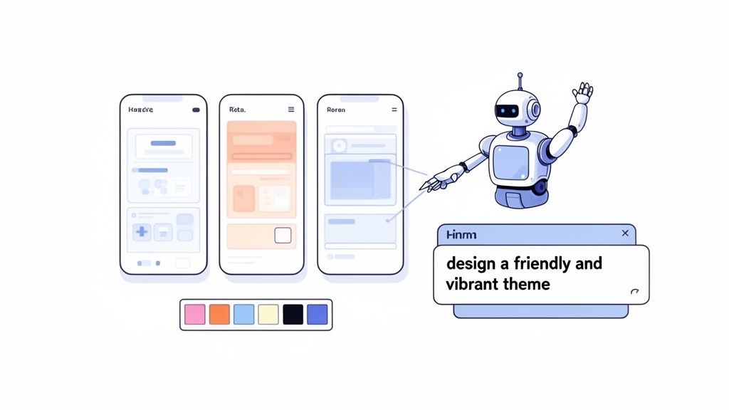 A robot designs mobile app interfaces, generating a friendly and vibrant theme based on a user prompt.