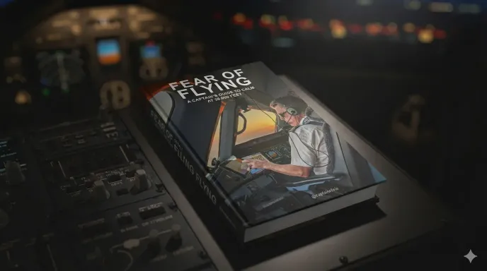 Book titled “Fear of Flying: A Captain’s Guide to Calm at 38,000 Feet” by Captain Chris placed on an aircraft cockpit control panel.