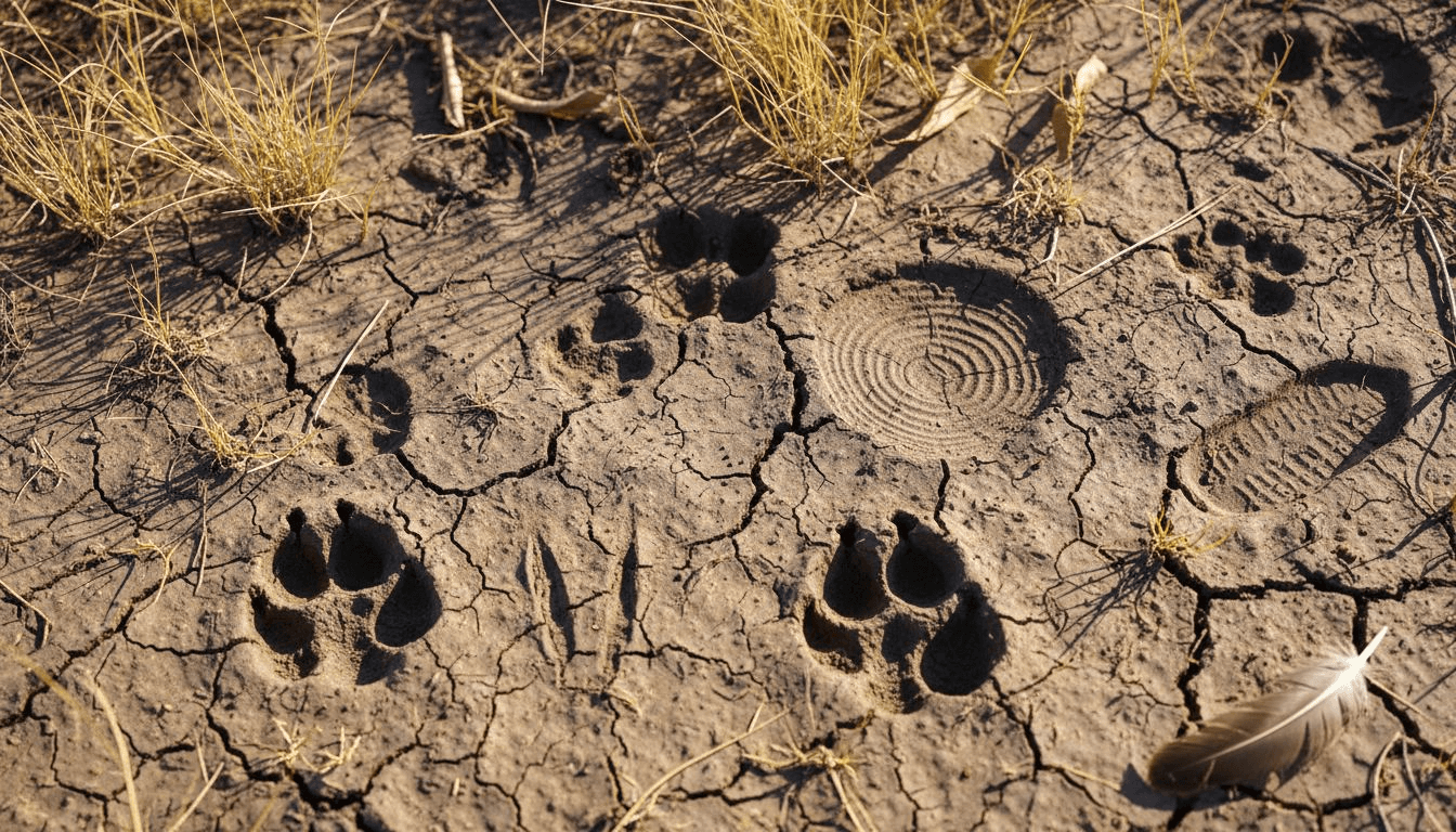 Detalle de huellas de animales marcadas sobre la tierra seca.
