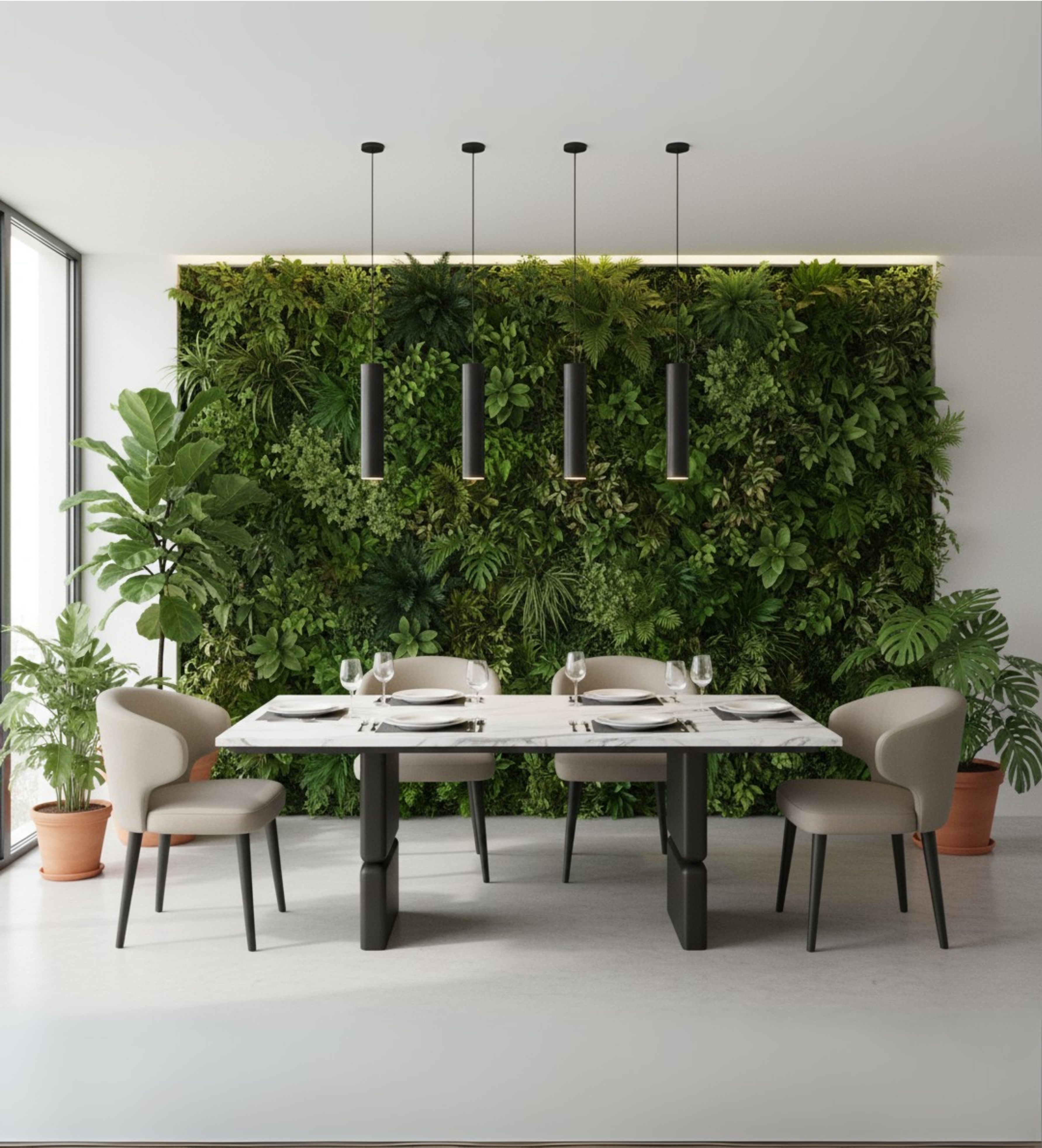 Rectangular contemporary dining set with slim legs, paired with softly curved upholstered chairs