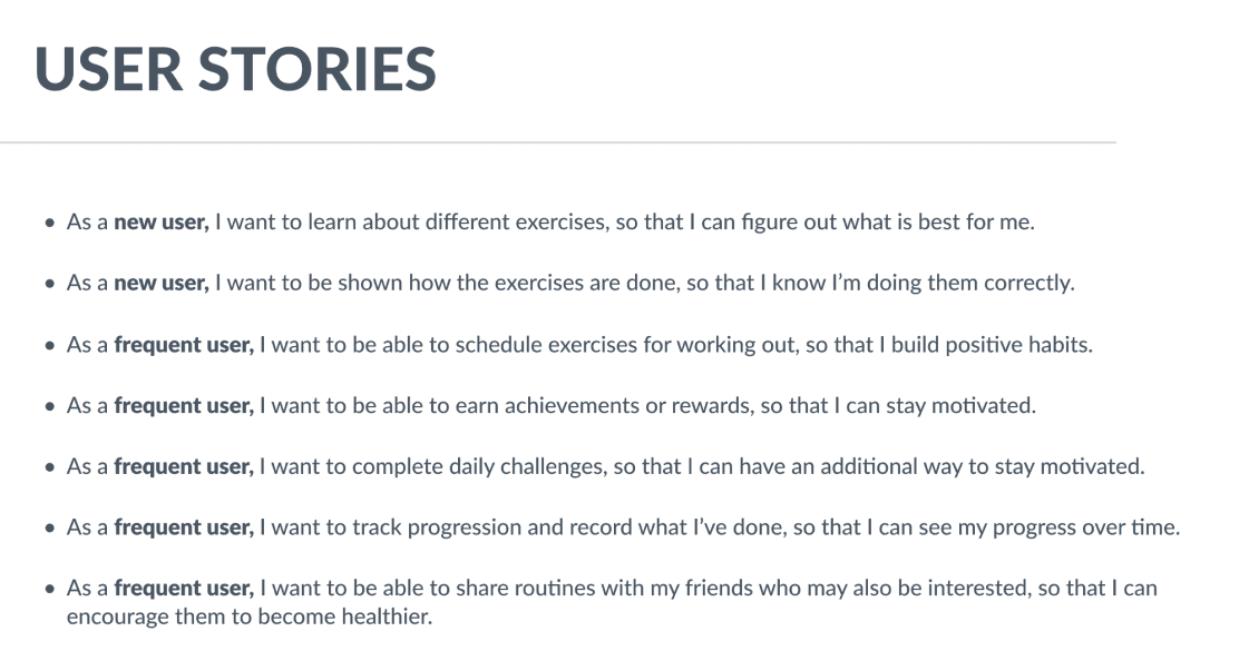 8 bullet points of user stories