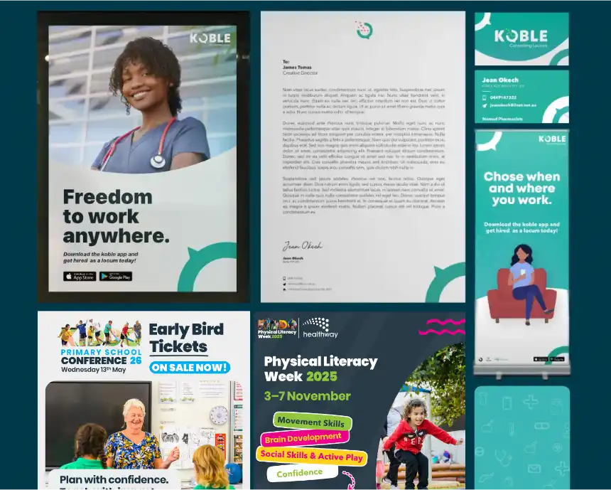 A professional graphic design portfolio showcase featuring healthcare and community branding. The layout includes a "Freedom to work anywhere" poster with a medical professional, a KOBLE brand stationery set, a "Physical Literacy Week 2025" social media tile, and a pull-up banner for a recruitment app.