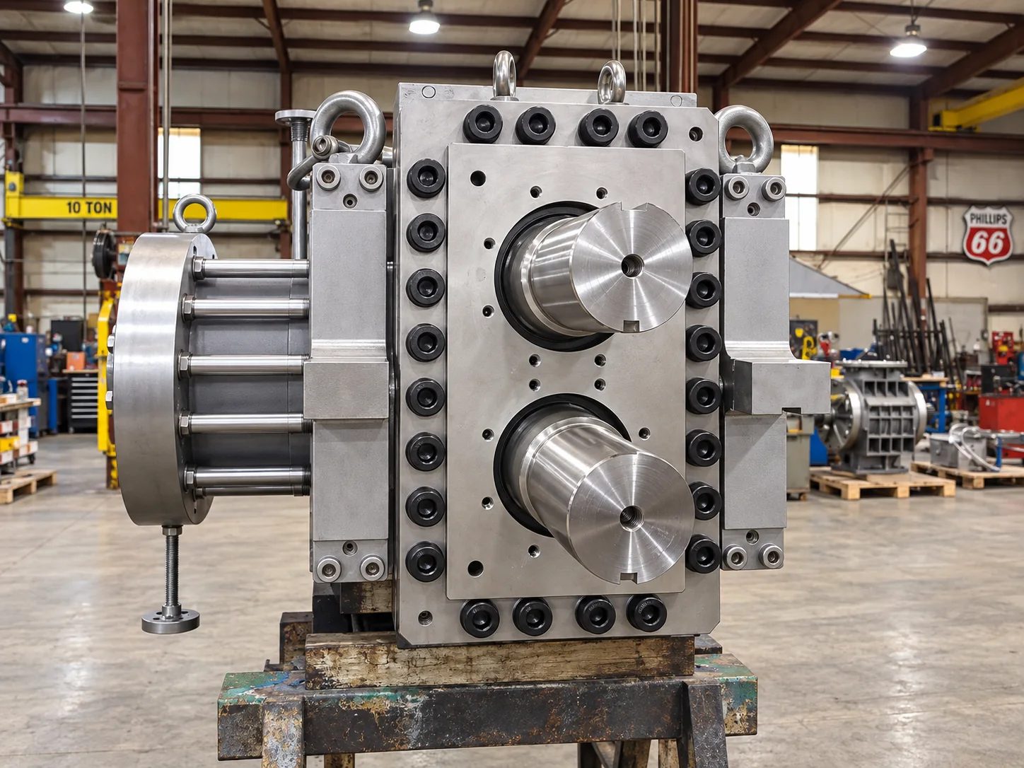 Precision-machined housing with polished shafts and lifting eyes in the workshop