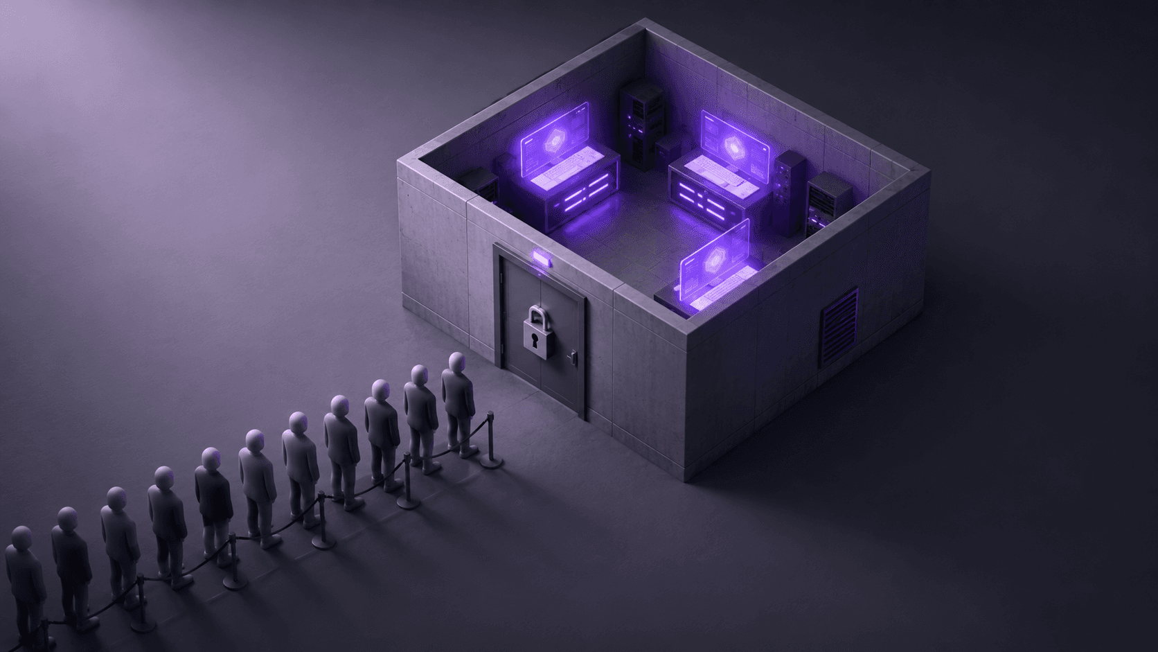 Isometric room of a few glowing workstations behind a locked door with a long line of people waiting outside, showing limited simulation access