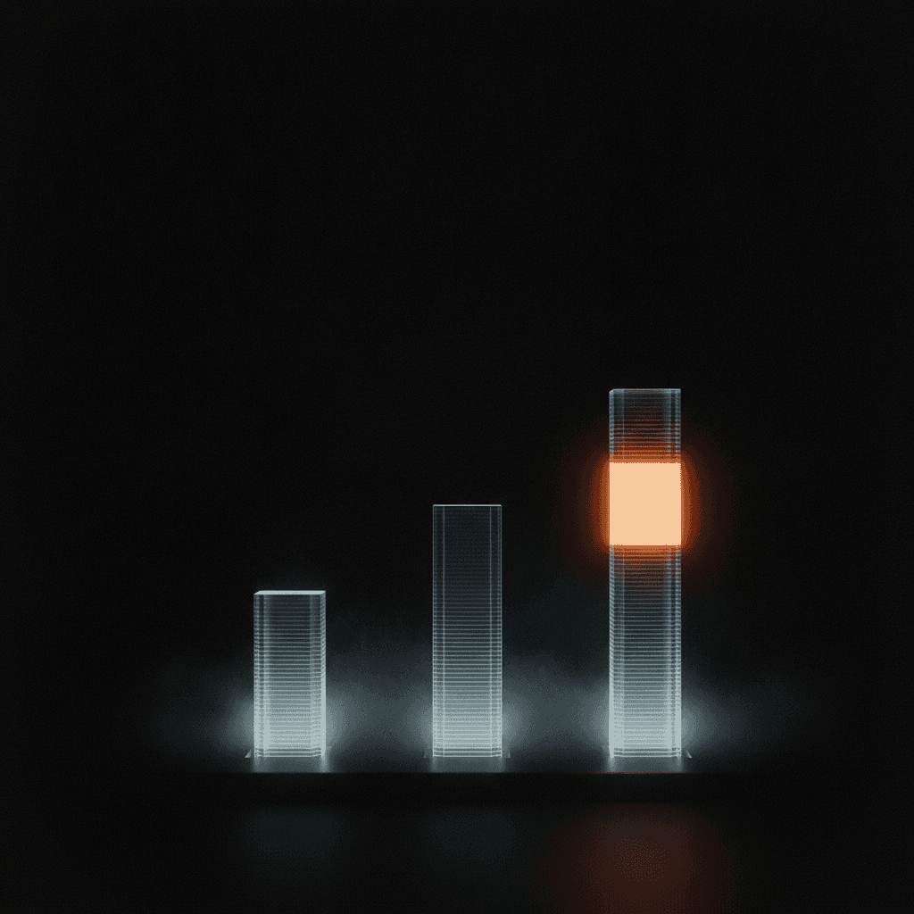 Three stacked vertical light columns of different heights against deep black void