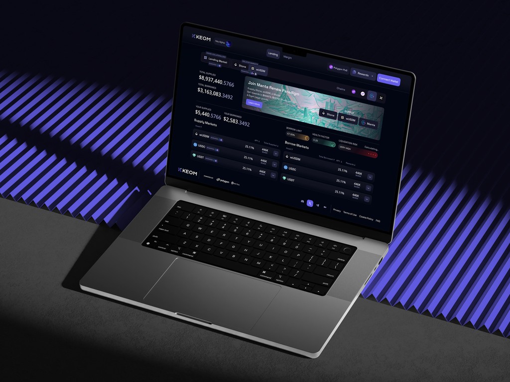 MacBook displaying KEOM Protocol’s dark-mode dApp on a violet-lit surface, emphasizing futuristic fintech design