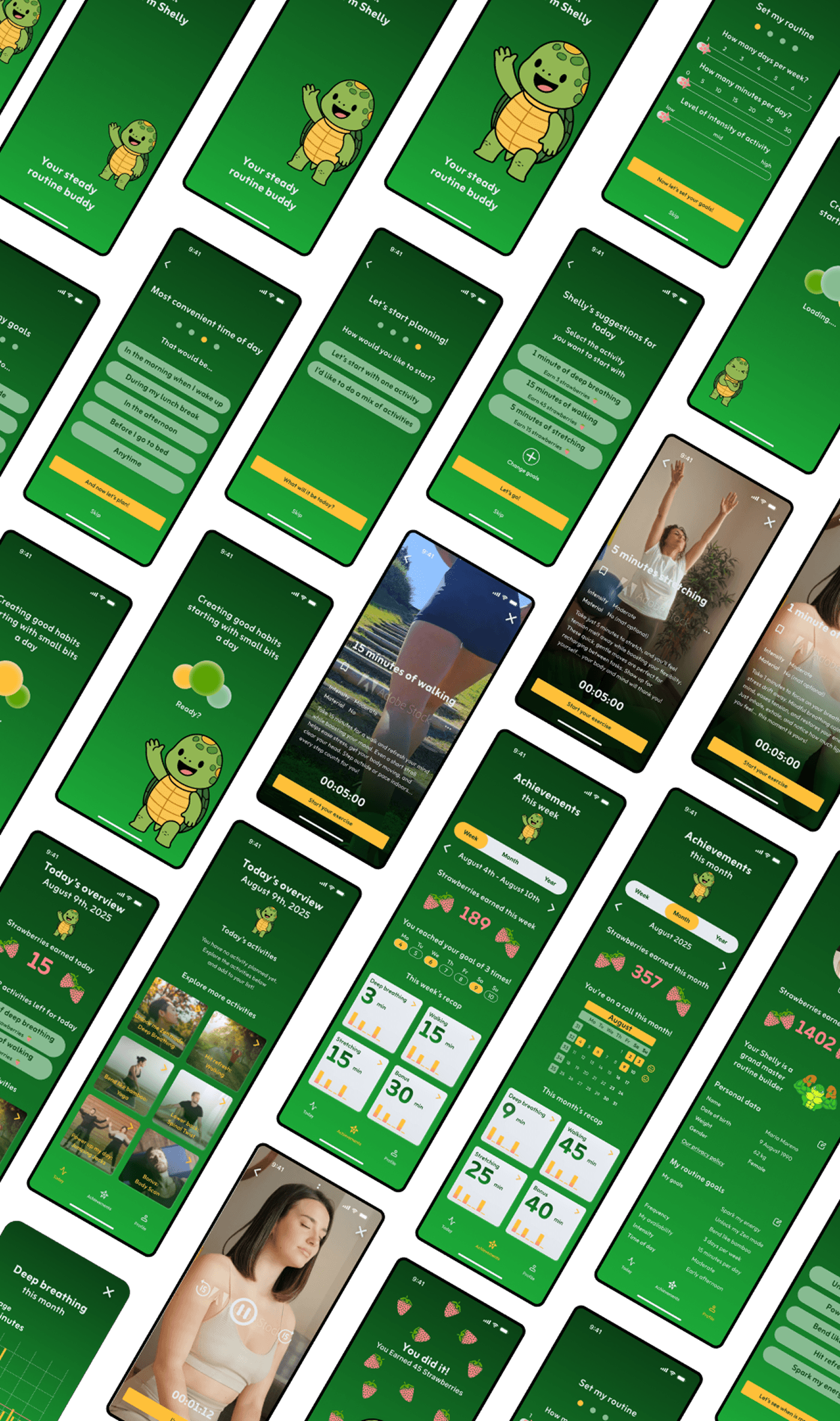 Collage of final Figma prototype screens for the Shelly wellness app shown at an angle, highlighting interactive components and design system choices including onboarding with mascot tortoise, routine planning, activity suggestions, step tracking, achievements dashboards, progress statistics, and guided video routines—all in a bright green and yellow color palette with playful illustrations