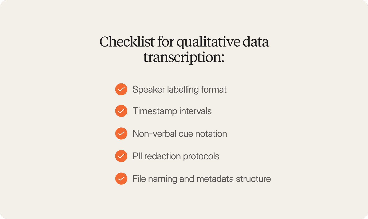 A graphic titled "Checklist for qualitative data transcription:" listing five items each marked with an orange checkmark icon: Speaker labelling format, Timestamp intervals, Non-verbal cue notation, PII redaction protocols, and File naming and metadata structure.