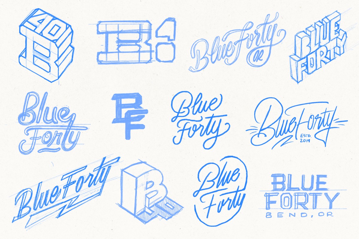 Blue pencil sketches exploring Blue Forty logo directions, including script fonts, block 3D lettering, cursive styles, and variations of “Blue Forty” and “B40”.