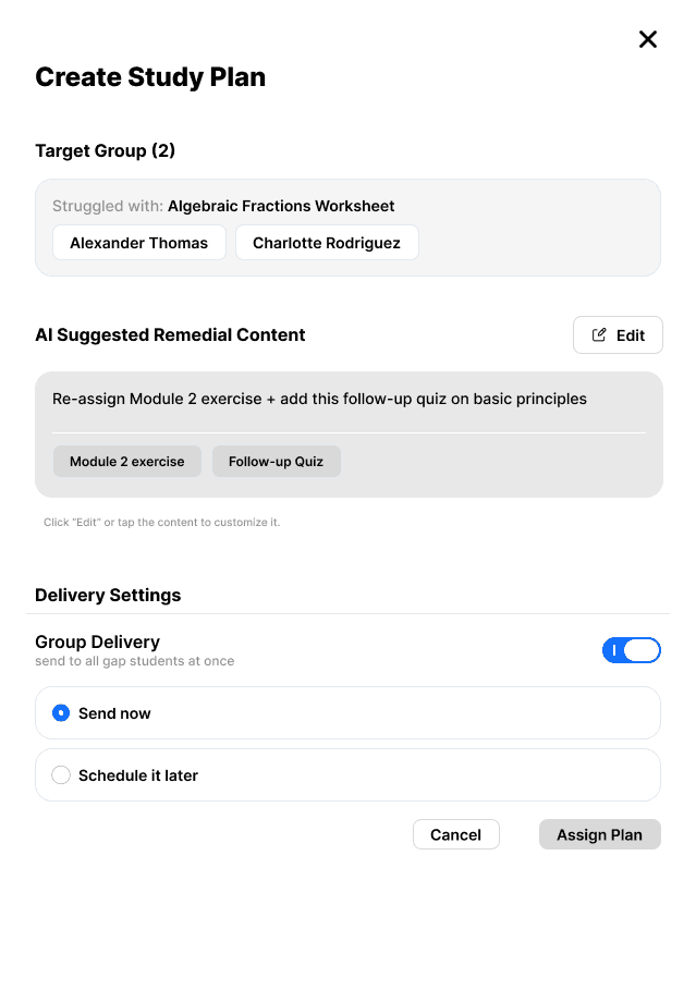 Before: a text-only AI remedial suggestion in the Create Study Plan modal