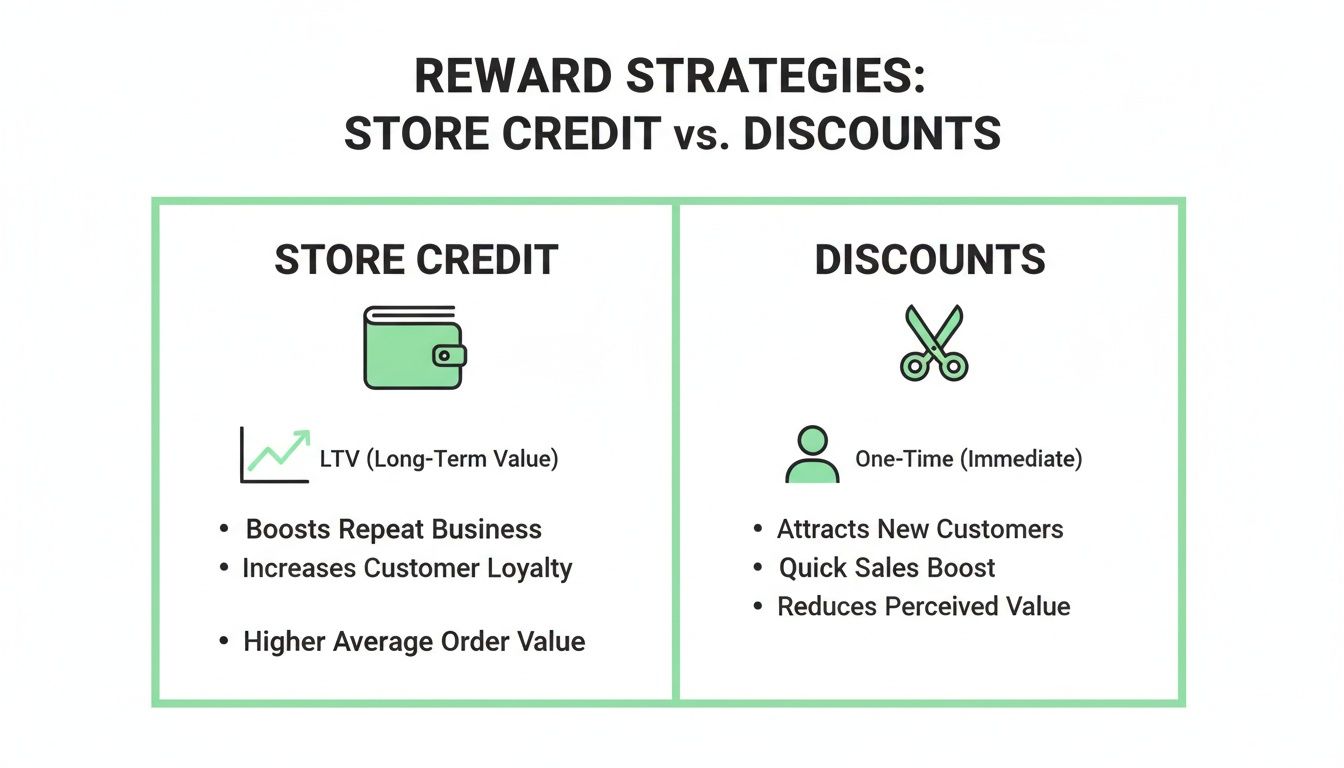Comparison of reward strategies: store credit for long-term value versus discounts for immediate sales.