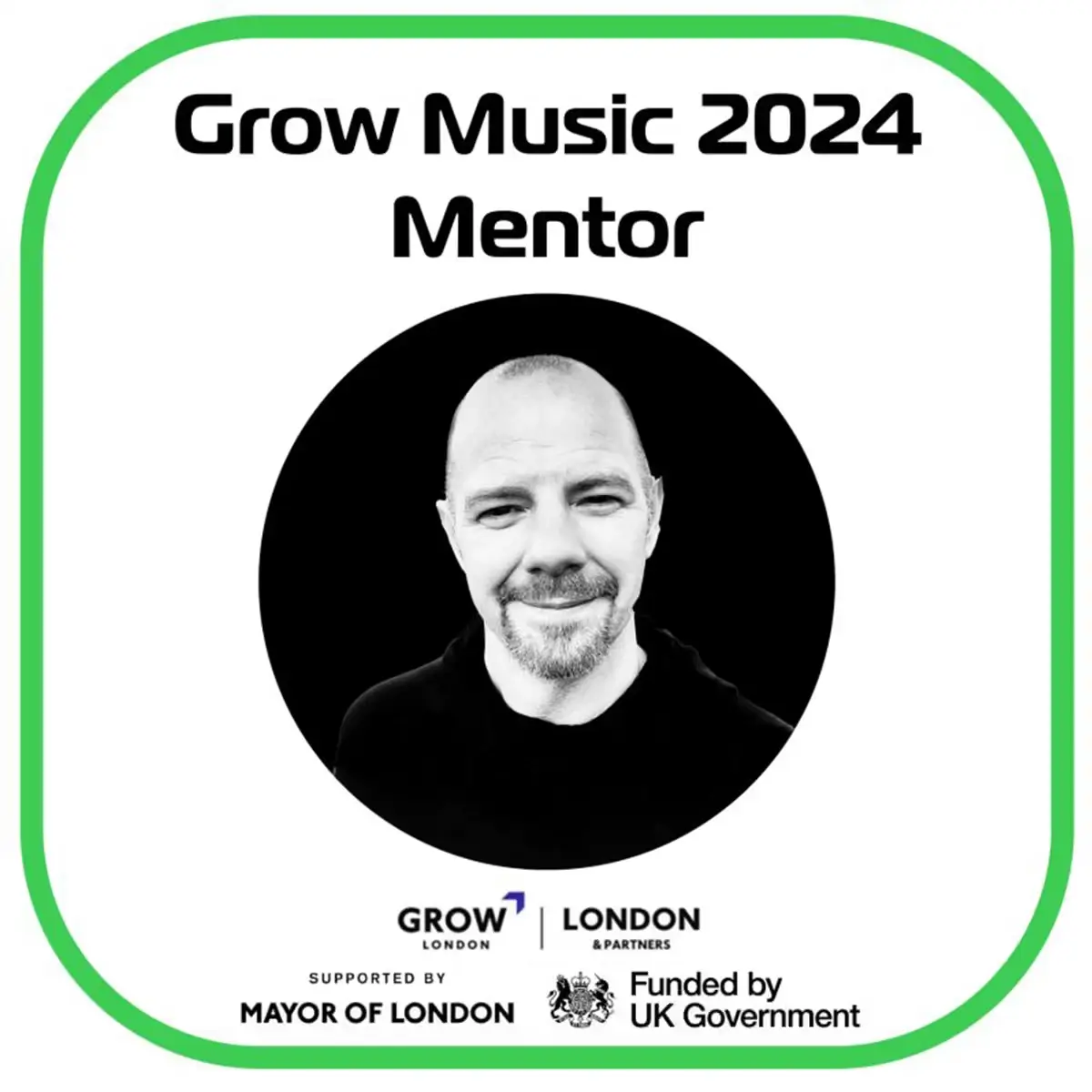 Portrait badge announcing Andy Davies as a Grow Music 2024 mentor, supported by Grow London and the UK Government.
