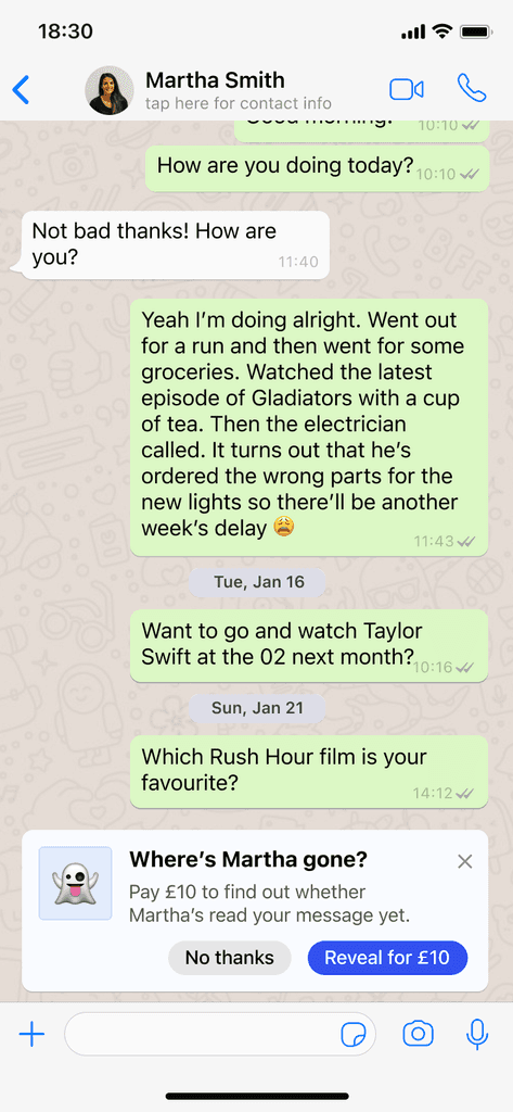 A WhatsApp conversation between two people. The read receipts are hidden. The modal at the bottom asks if the user would like to pay to turn on their friend's read receipts.