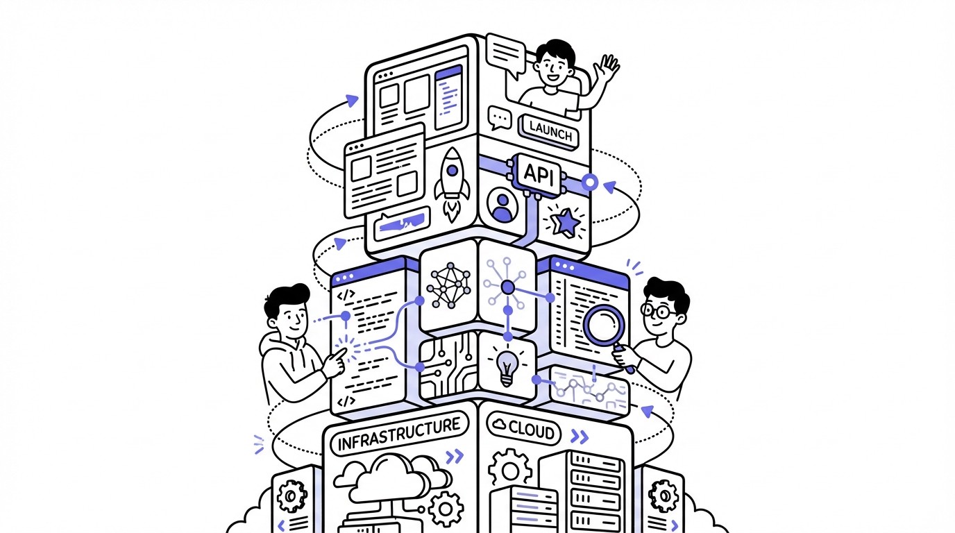 A futuristic, glowing skyscraper made of interconnected digital blocks and circuit patterns, symbolizing a well-structured AI tech stack.