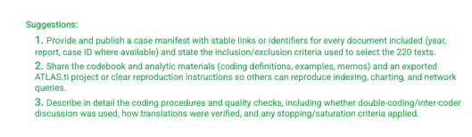Screenshot of a thesify Methods Rubric PDF showing a numbered list of revision suggestions for improving Methods detail, tools reporting, and access.