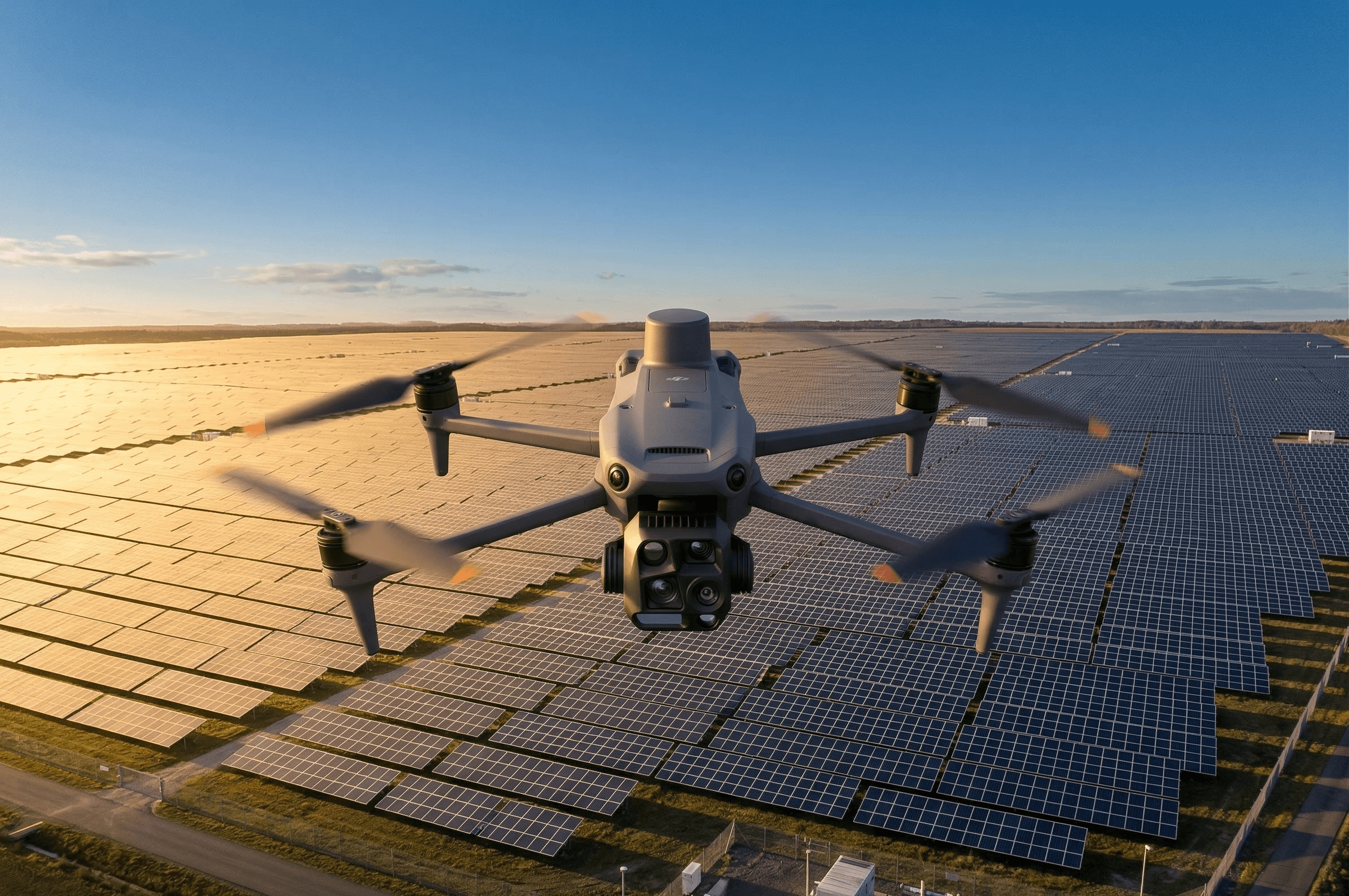 Drone industriel en vol au-dessus d'un parc photovoltaïque — inspection thermique et visuelle par drone certifié EASA, Phasévo Hauts-de-France et Île-de-France