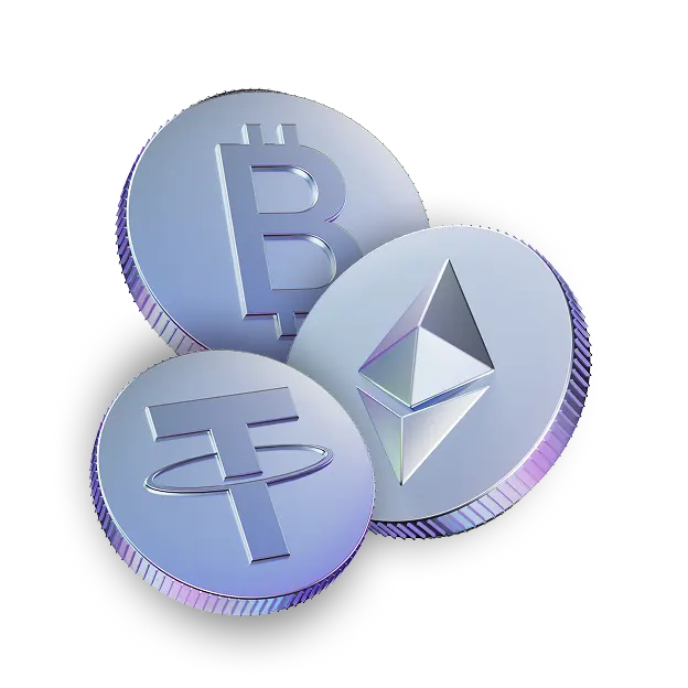 Três moedas de criptomoedas 3D — Bitcoin, Ethereum e Tether (USDT) — em tons azul e lilás