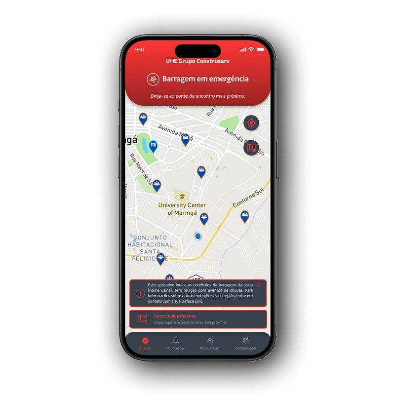 UI do App Alerta Individual exibindo status da barragem vermelho, status perigo