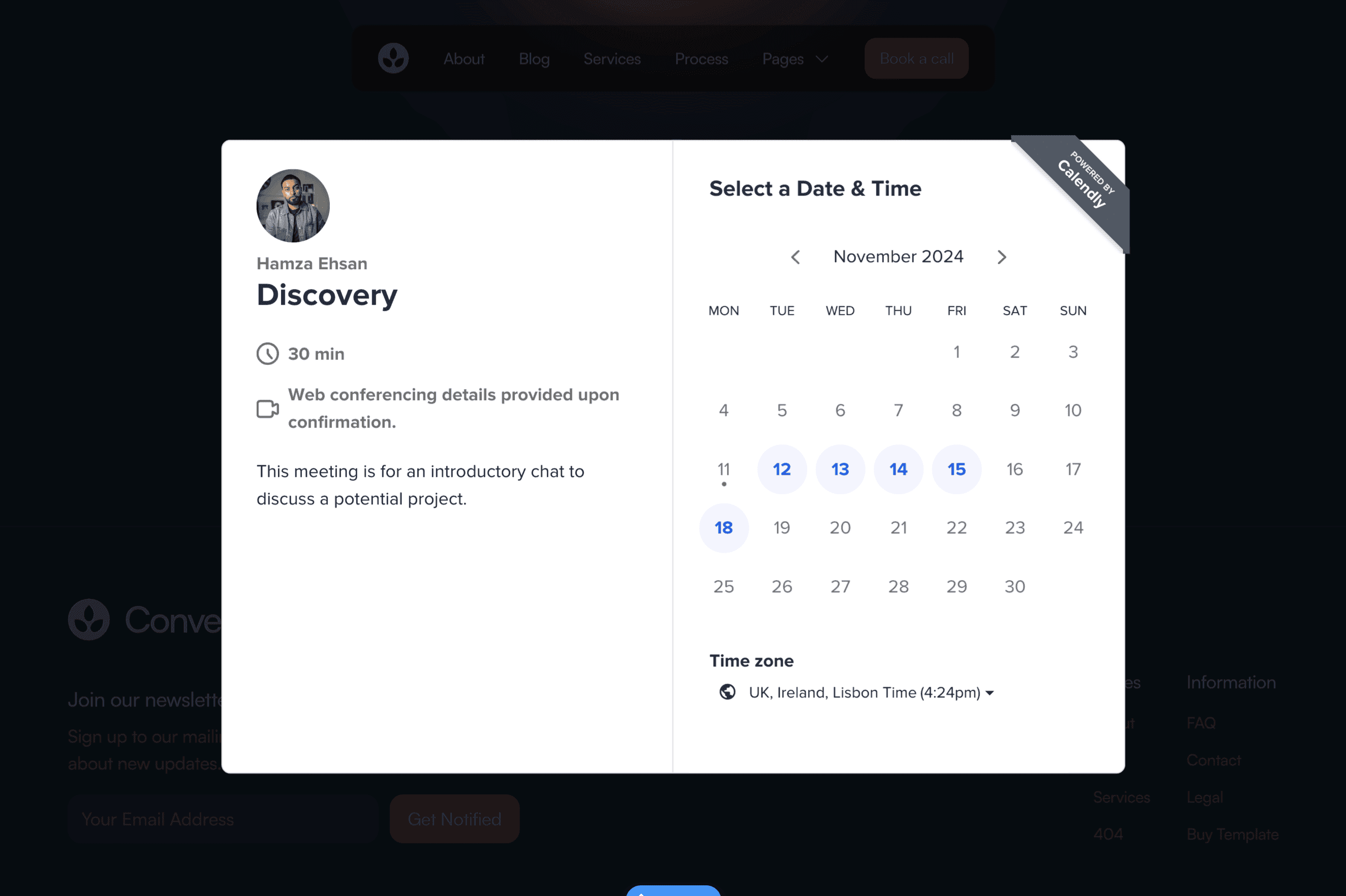 Screenshot of Calendly popup