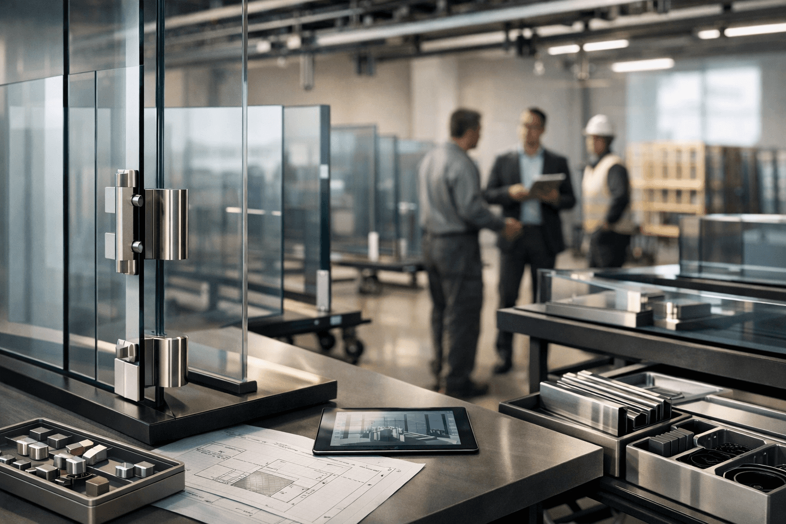 Group of people gathered around a wooden table with laptops, shaking hands during a team meeting.