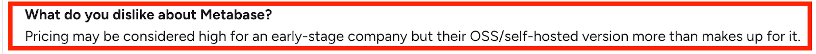 Screenshot showing user feedback about Metabase pricing and self hosted trade offs
