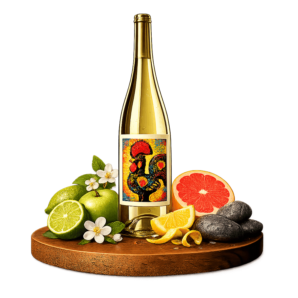 Artistic label and flavor profile for Portuguese Vinho Verde White on a rustic wooden table.