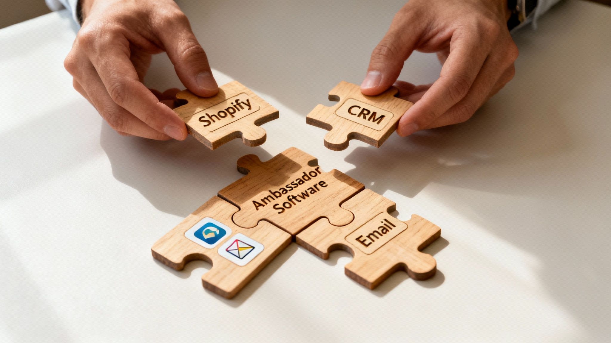 Several interconnected circles with marketing icons, showing how brand ambassador software integrates with a larger marketing stack.