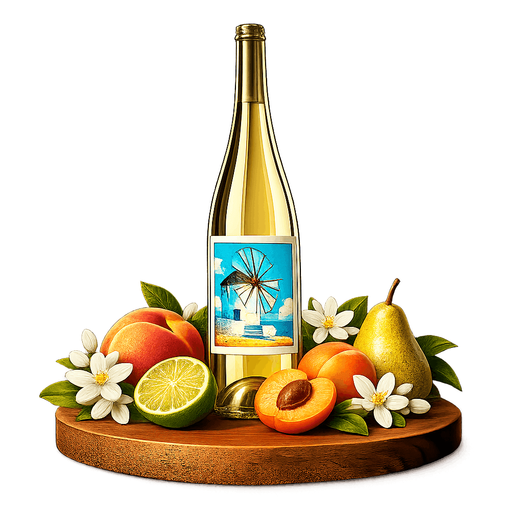 Artistic label and flavor profile for Greek Malagousia on a rustic wooden table.