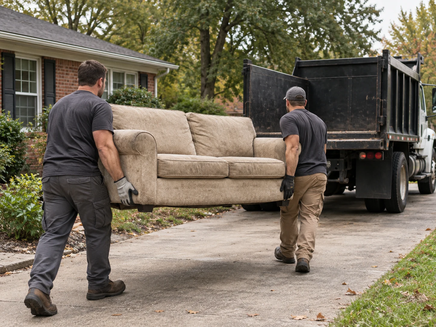 Two crew members carrying a sofa down a driveway toward the truck.