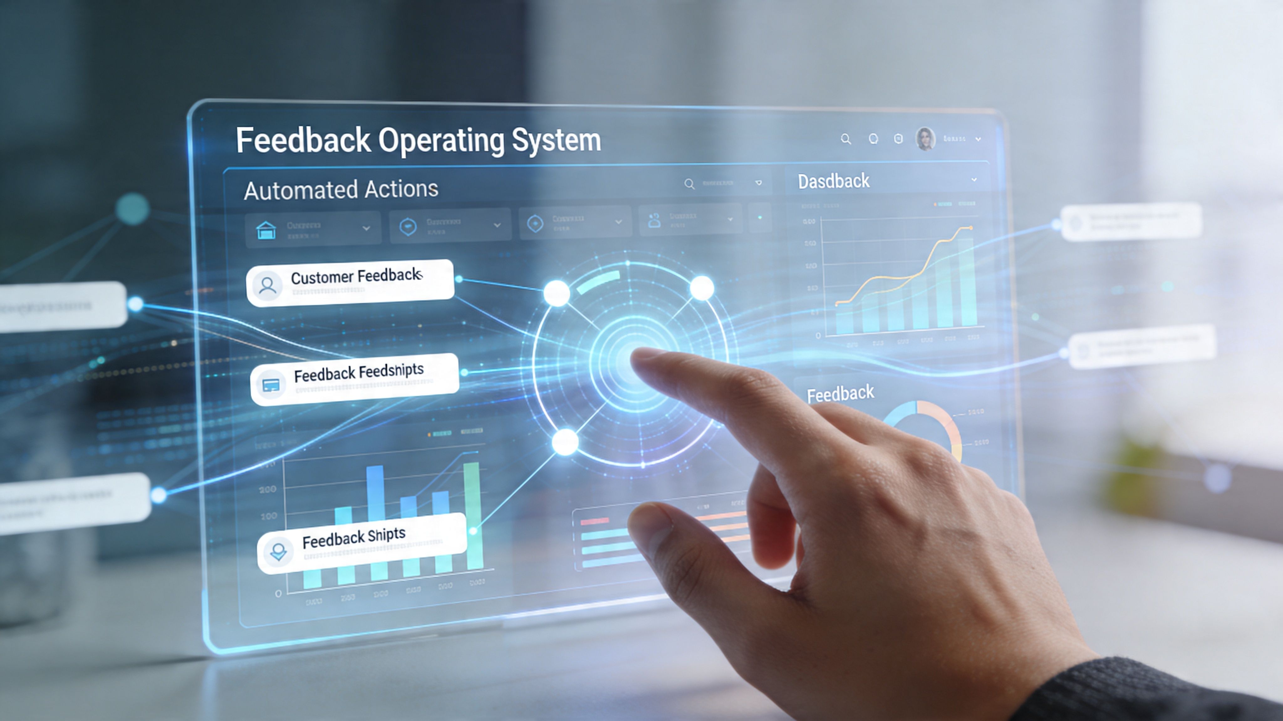 A human hand interacting with a futuristic digital interface displaying business feedback metrics and automated actions.