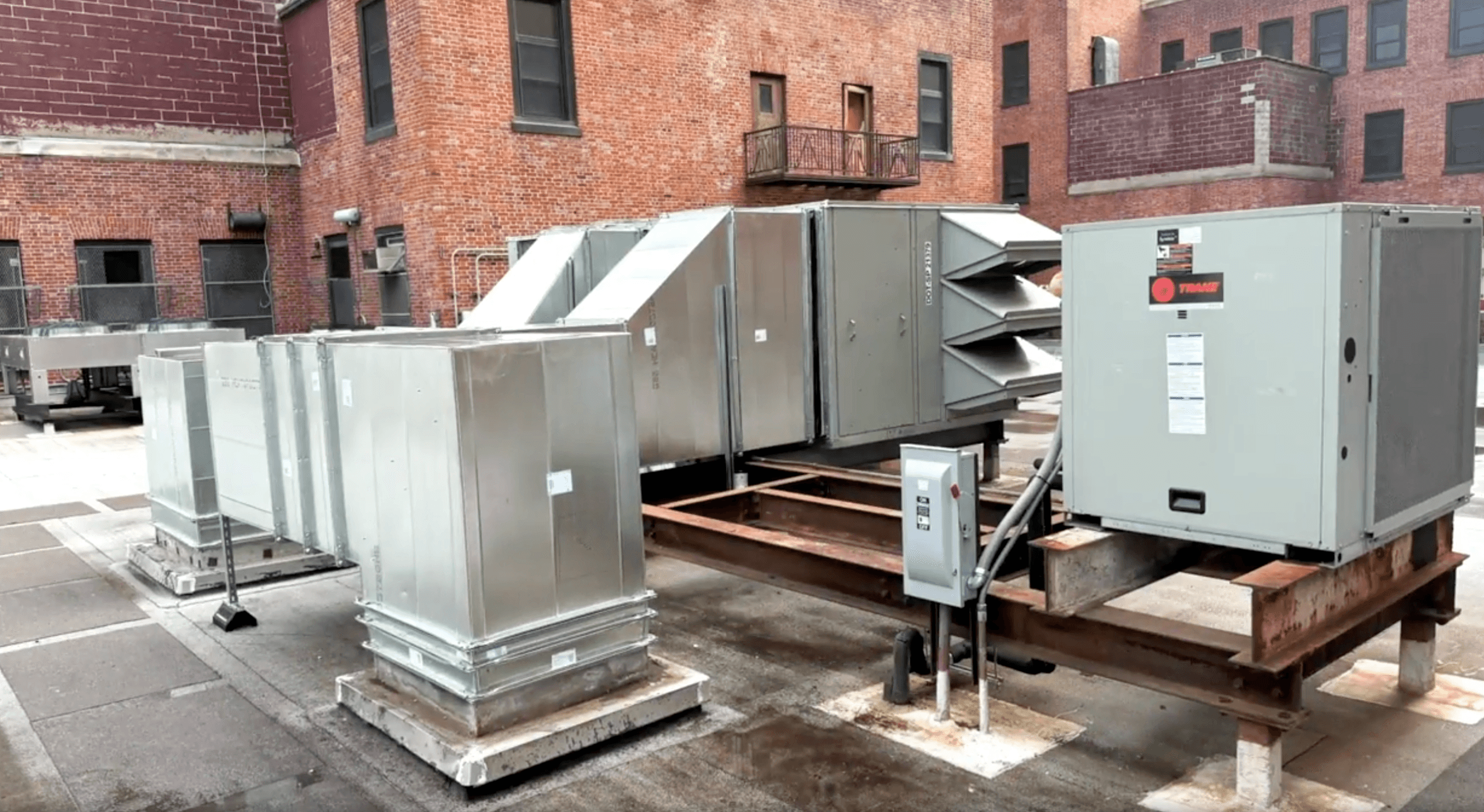 Completed rooftop HVAC unit replacement setup at Kings County Hospital prior to commissioning.