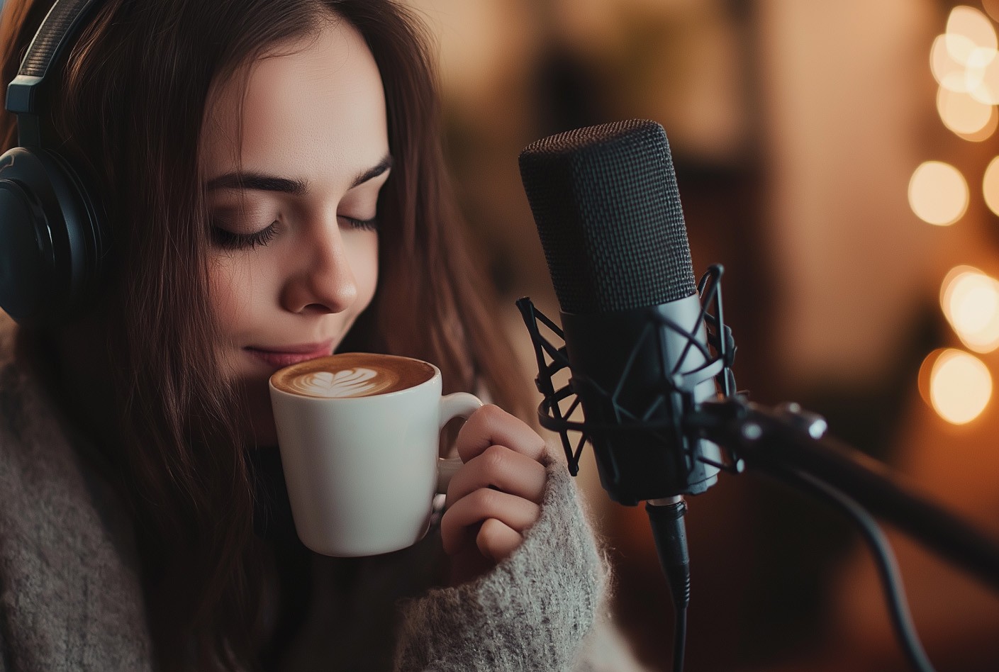 Woman drinking a cup of coffee in a podcast studio