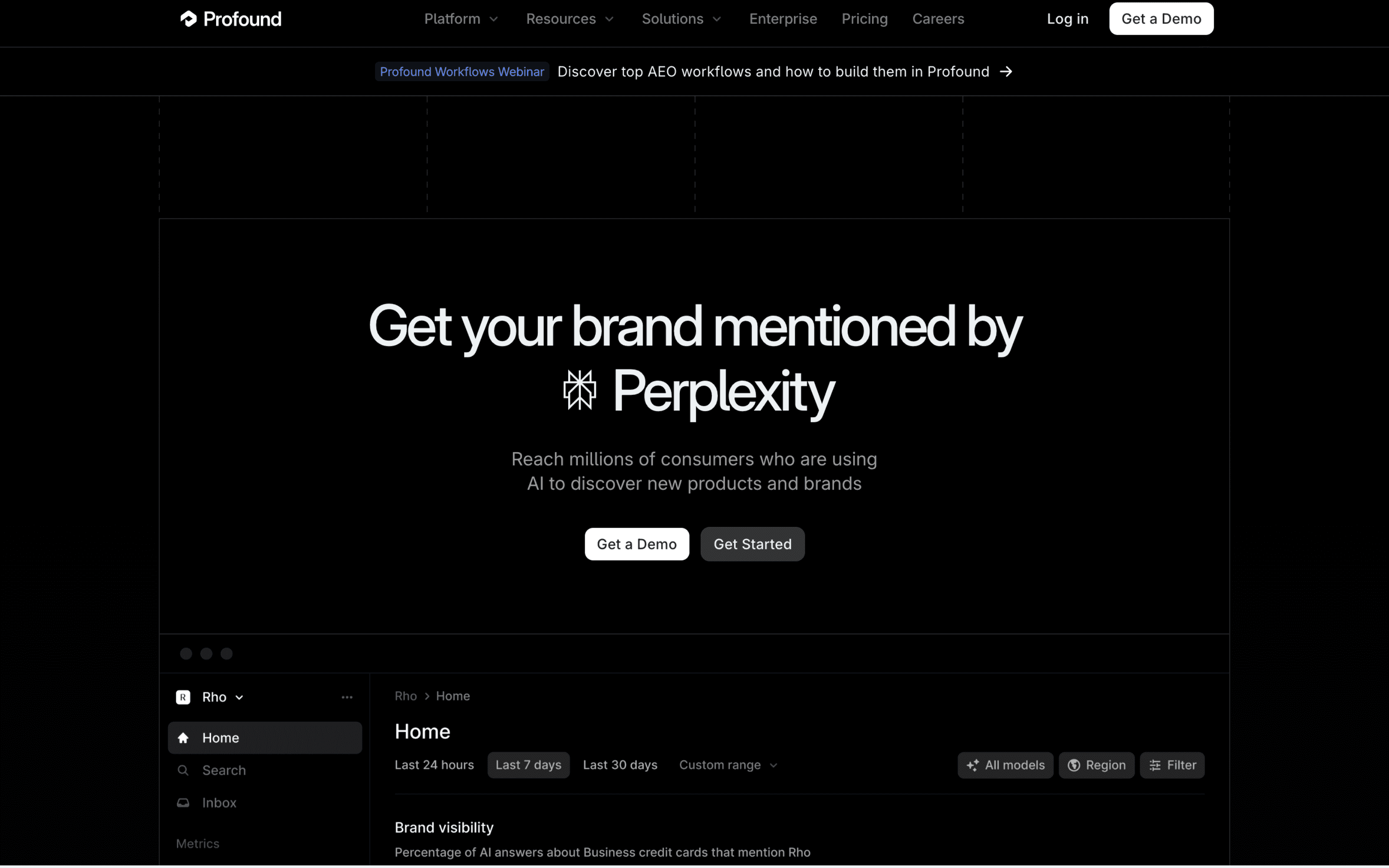 Screenshot of the Profound platform showing enterprise AI visibility tracking with brand presence, citations, and competitive benchmarking