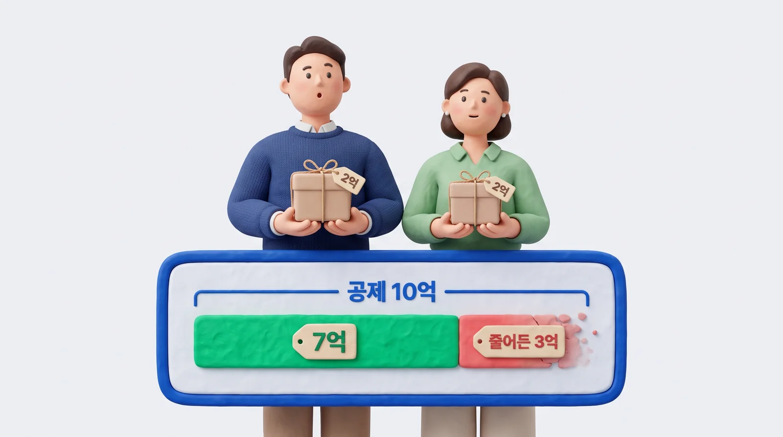 미리 증여받은 자녀 둘이 상속공제가 10억에서 7억으로 줄어든 것을 확인하는 장면