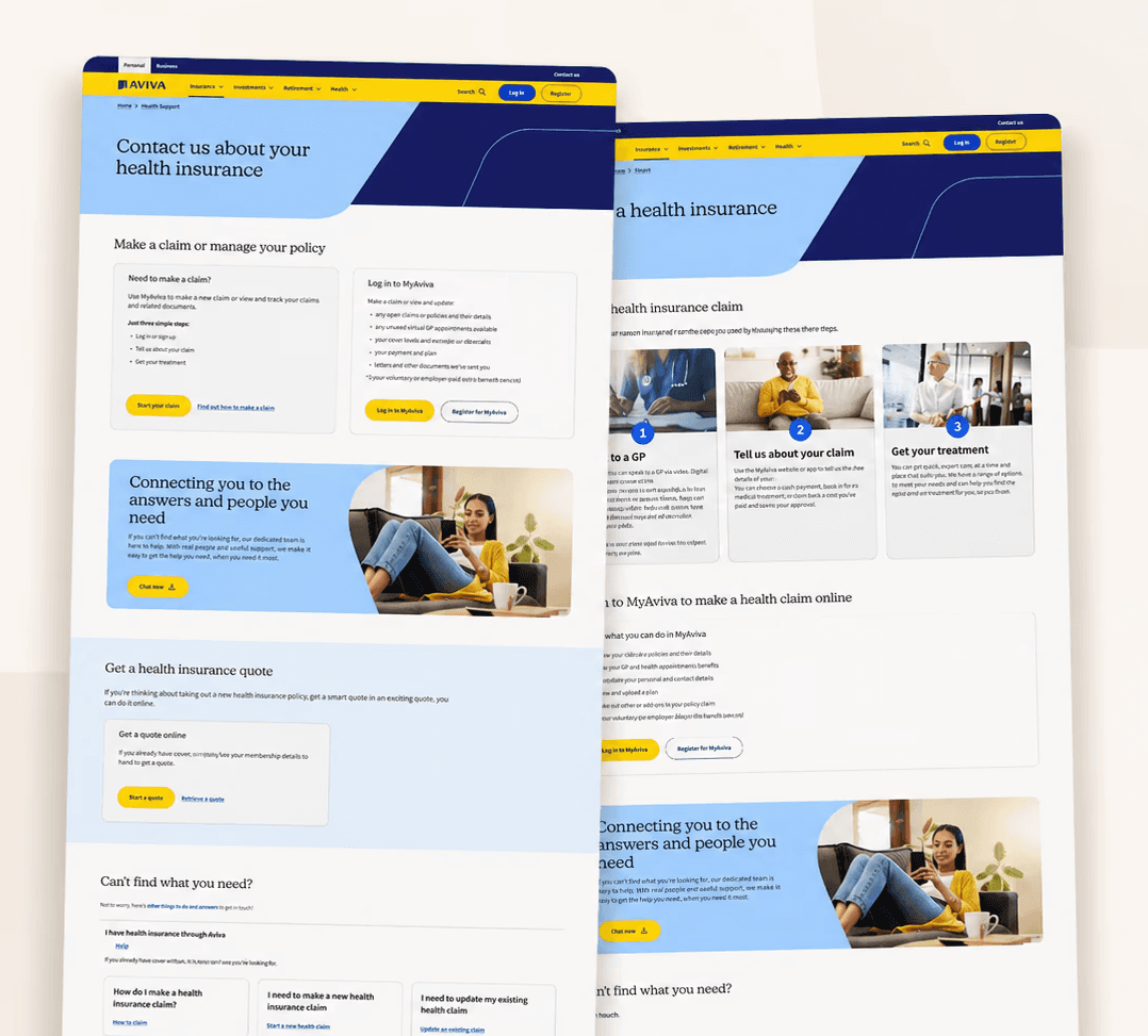Aviva car insurance support page design showing navigation, hero banner, and self-service options