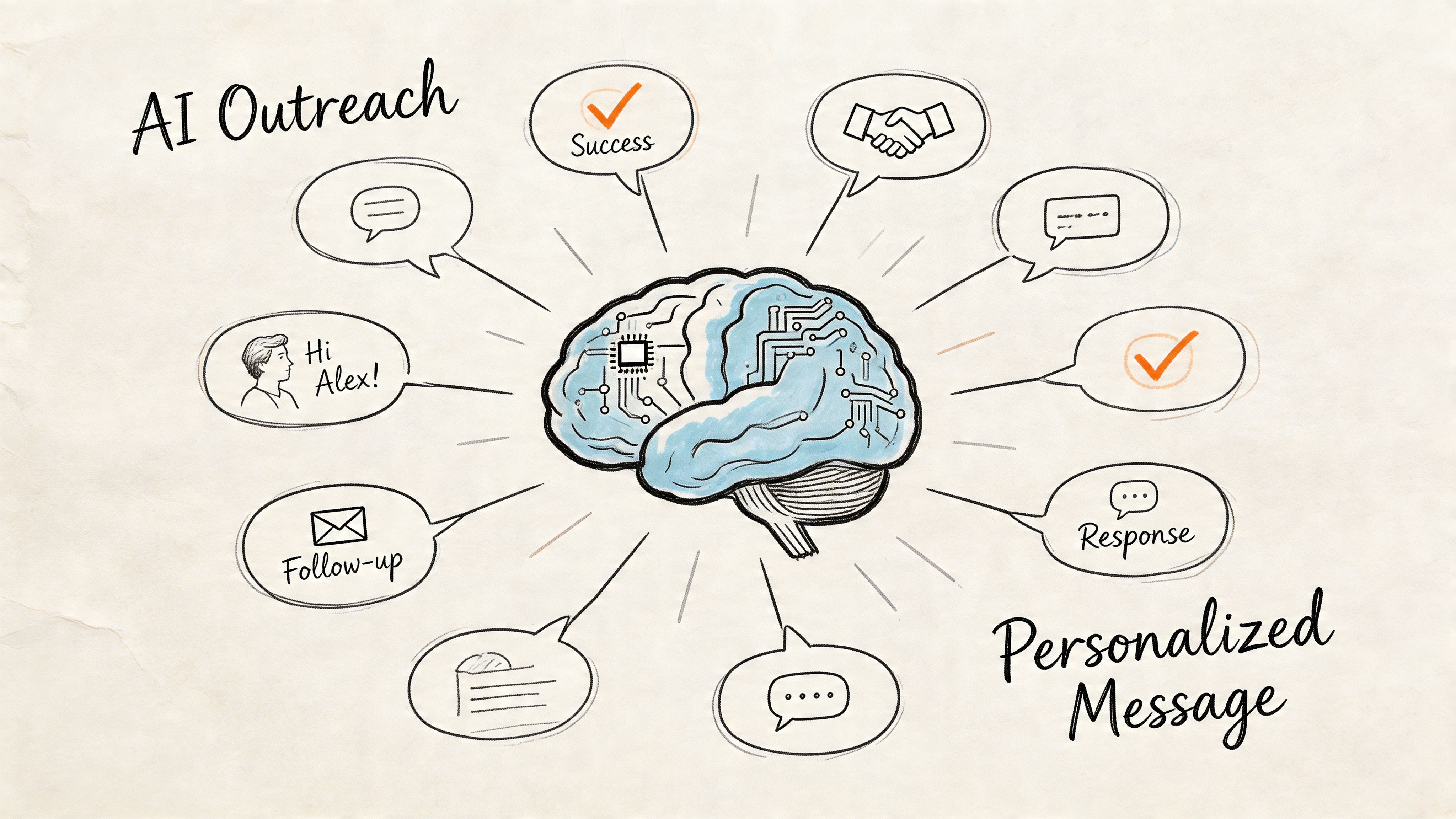 A diagram showing a central AI brain connected to various outreach icons and personalized communication concepts.