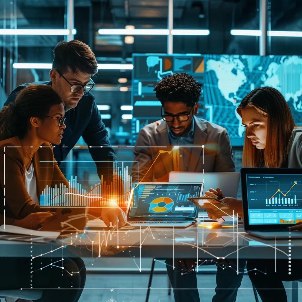 Ecommerce team collaborating on social media analytics in a modern office