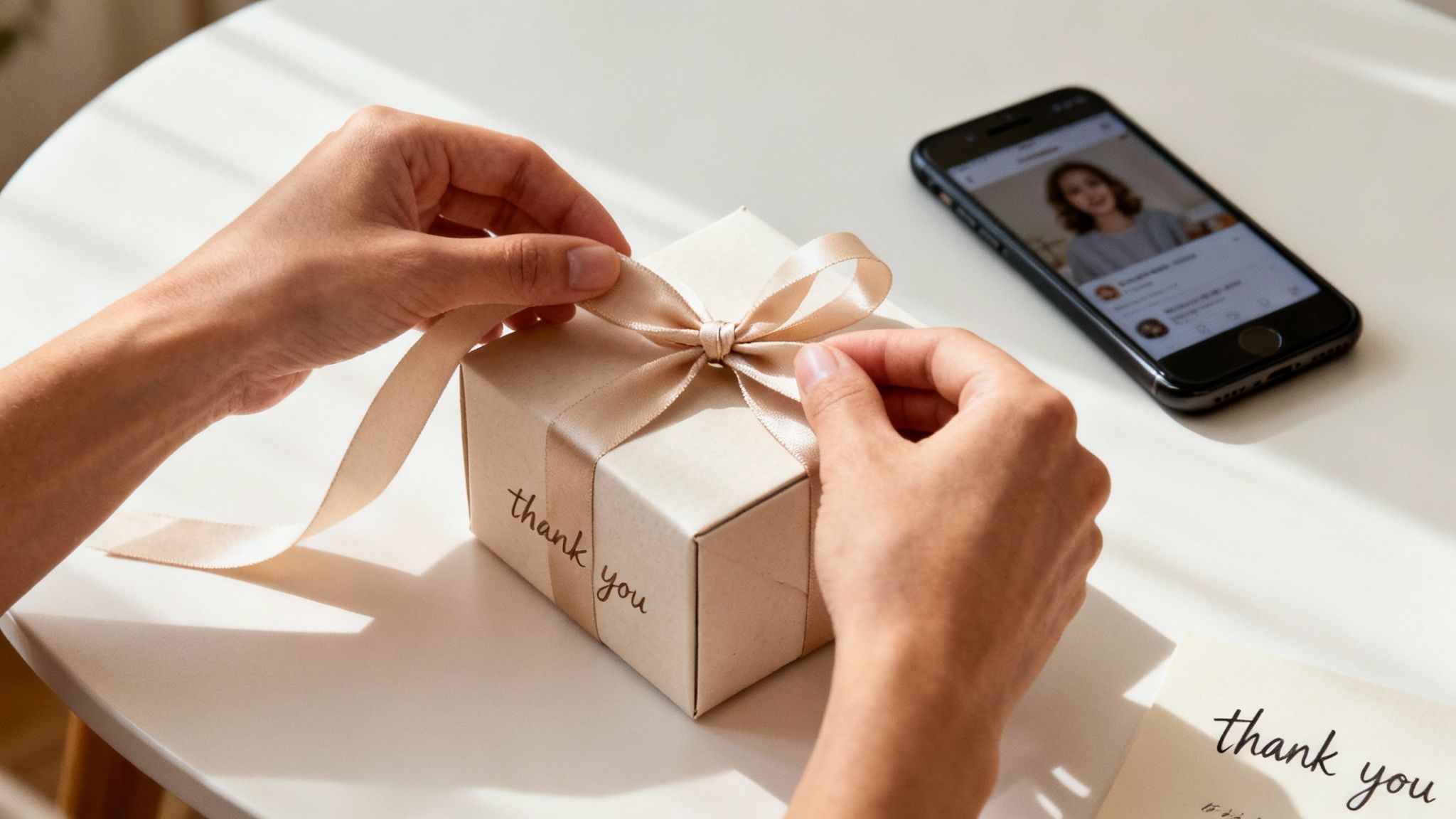 A smiling influencer unboxes a beautifully packaged gift.