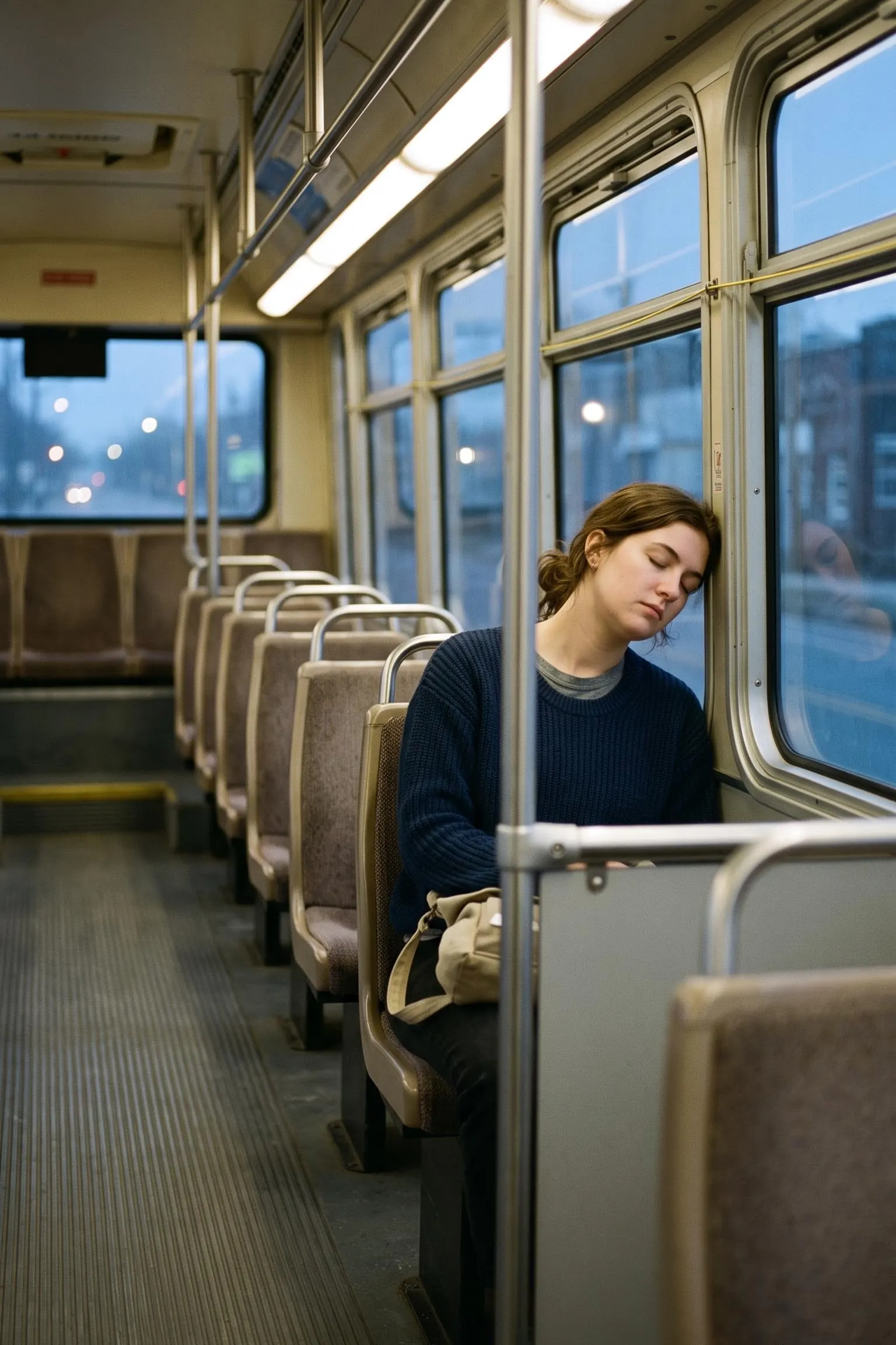 A woman asleep against the window of an early morning bus, cold blue light outside