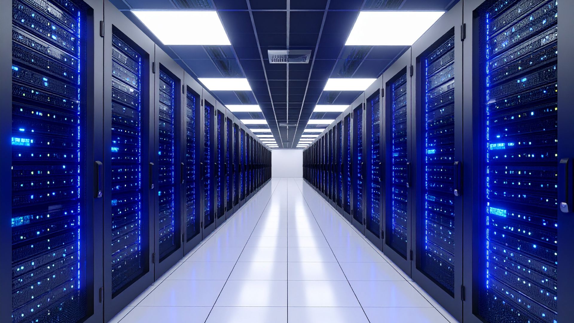 Bright aisle between rows of illuminated server racks in a data centre