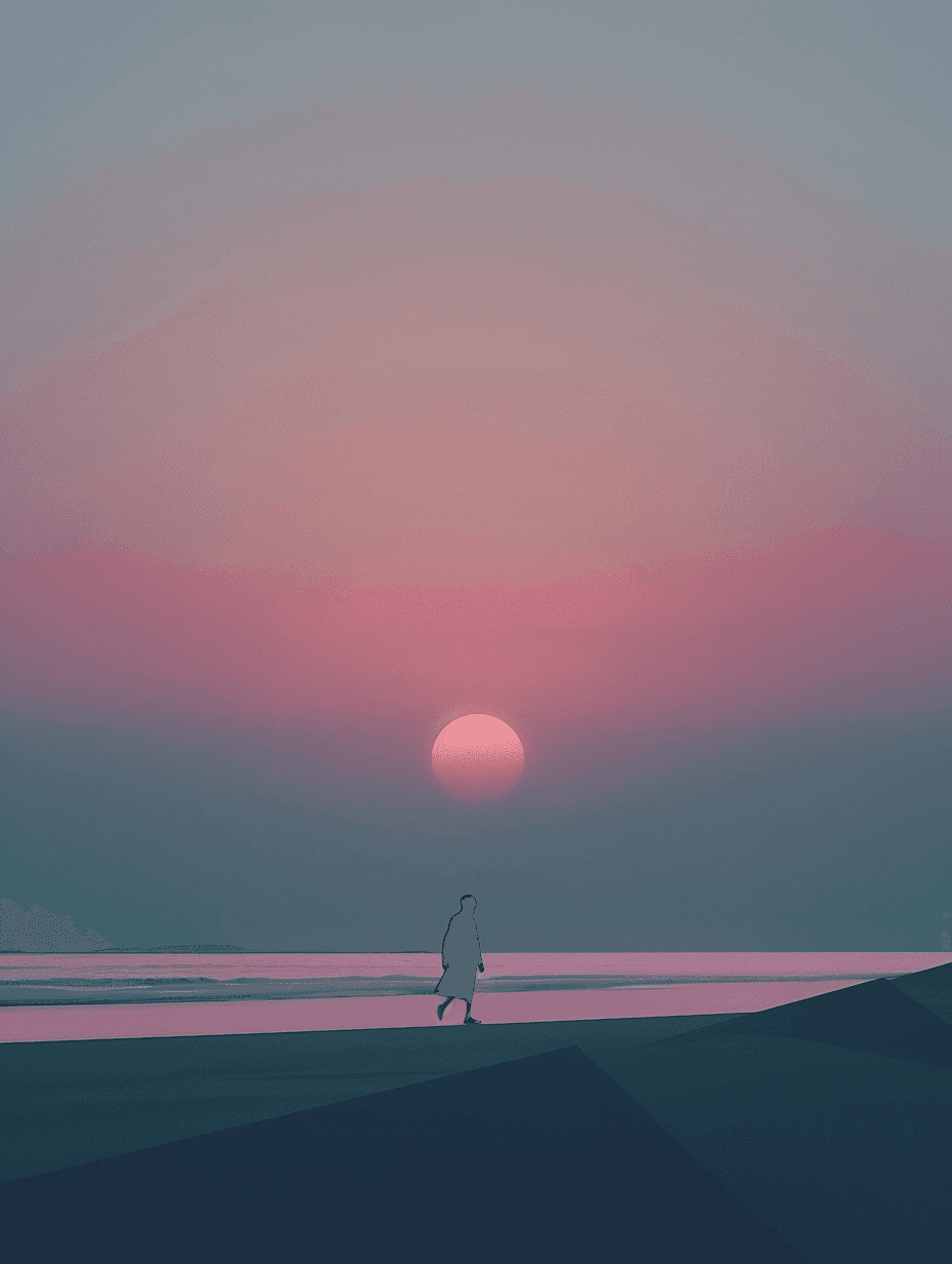 a lone figure walking on a peaceful beach at sunset