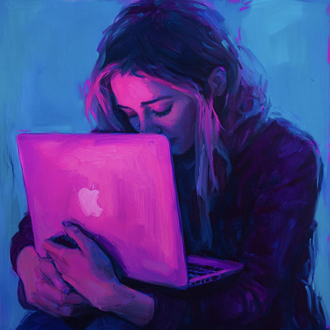 A woman embracing her laptop as though she has an emotional attachment to it