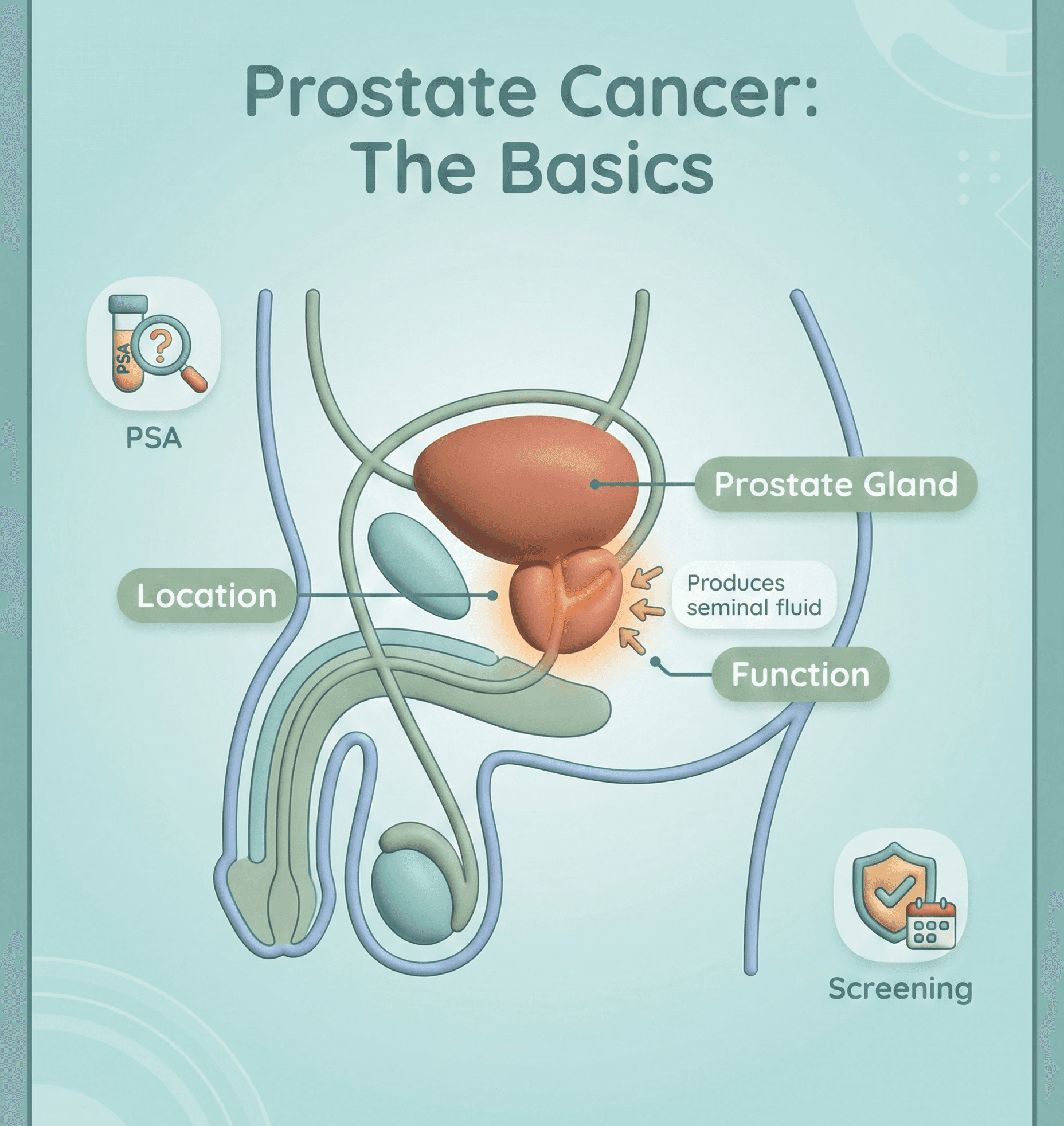 Prostate gland की anatomy और prostate cancer basics को सरल educational format में समझाया गया है।