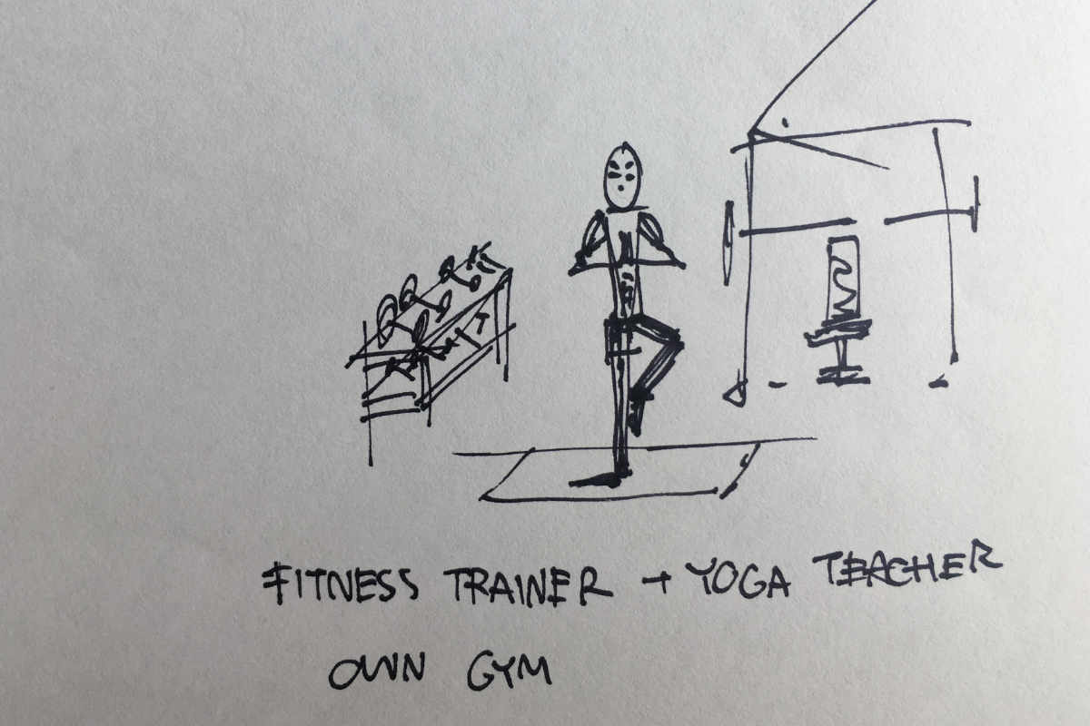 A stick figure doodle of a guy who is a fitness trainer and practices yoga in his own gym