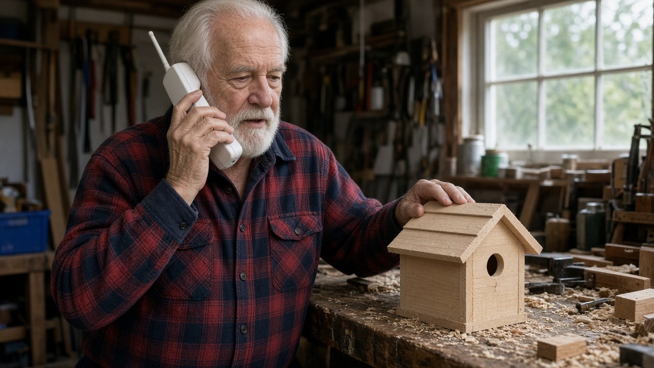 The image shows an elderly man with white hair and a beard, wearing a red and black plaid shirt, engaged in a phone conversation using an old-fashioned, large, white cordless phone. He is in a woodworking shop filled with tools and materials, standing at a workbench where a newly built wooden birdhouse rests. His hand gently touches the birdhouse, indicating close attention or communication possibly related to his woodworking project. The scene captures a blend of traditional craftsmanship and vintage technology in a rustic workshop setting.